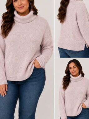 Pink Clover Cozy Women's Light Gray/pale pink Turtleneck Sweater SZ LG